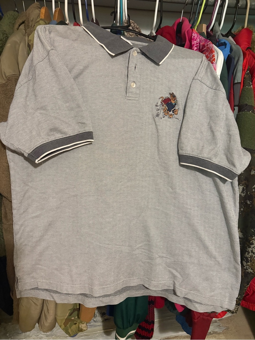 Men's Large Vintage Herringbone Gray Polo with Embroidered Scooby Doo